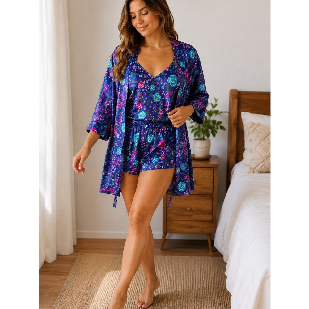 Vintage 80s Floral Satin 3 piece PJ Set